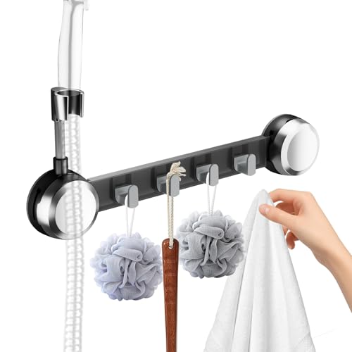 Shower Head Holder Suction Cup with 4 Hanger Hook Wall Mount - No-Drill Strong Adhesive Shower Wand Bracket - Adjustable Handheld Shower Head Mount - 2 in 1 Design - color: Silver