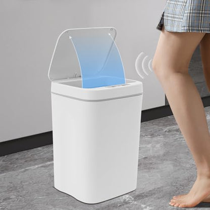 Touchless Motion Sensor Trash Can, 4 Gal Space-Saving Automatic Rectangular Waste Bin, White Garbage Can for Home, Office, Bathroom & Kitchen