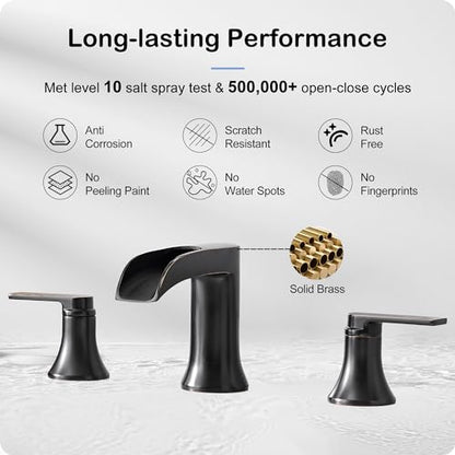 Oil Rubbed Bronze Waterfall Bathroom Faucet 2 Handle, 8 Inch Widespread Bathroom Sink Faucet 3 Hole with Supply Lines, Brass Material for Vanity, Lavatory, Restroom, Farmhouse, NO Pop-up Drain - color: Oil Rubbed Bronze, style: NO Pop Up Drain