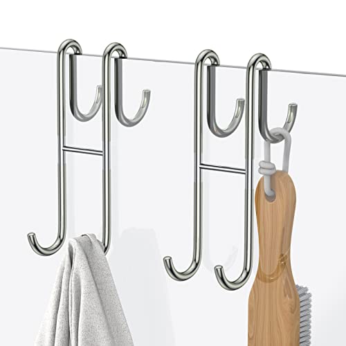 Over Shower Glass Door Hook, 2 Pack Silver 304 Stainless Steel Extended Shower Door Hooks, Bathroom Frameless Drilling-Free Hanger, Double Side Towel Hooks, for Bathing Suits, Robe, Loofah, Shaver - color: Silver
