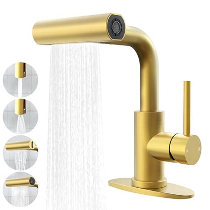 Gold Bathroom Faucet with Sprayer - Brushed Gold Bathroom Faucets for Sink 1 Hole or 3 Holes, 4 Mode Single Handle Vanity Faucet Waterfall Bathroom Faucet with Pull Down Sprayer (No Drain) - color: Gold