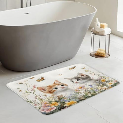 Rustic Cat Bath Mat Cute Cat Kitten Floral Butterfly Spring Farmhouse Farm Animal Garden Cats Pet Elegant Wildflower Kitty Bath Mat Home Bathroom Kitchen Door Doormat Toilet Floor Carpet 18 x 30 Inch - size: 1'6" x 2'6" (Rectangular)