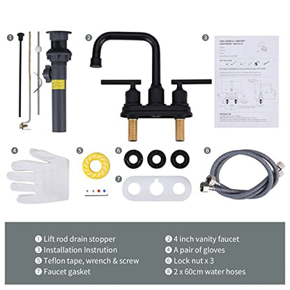 WOWOW Bathroom Faucet Black 4 inch Bathroom Sink Faucet Centerset Lift Rod Drain Stopper 2 Handle Lavatory Vanity Tap High Arc Modern - color: Black, style: Centerset - 4 Inch