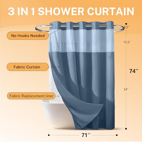 River Dream No Hooks Shower Curtain with 2 Snap in Liner, 71Wx74H | Waffle Weave, 1 Attached Snap in Liner and 1 Extra Replacement Liner, Bathroom Curtains Shower Set, Hotel Grade, Spa Like - color: Moonlight Blue
