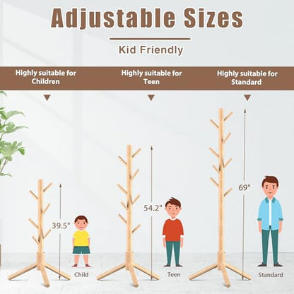Haddockway 3 Adjustable Freestanding Wooden Coat Rack Stand 8 Hooks,Hallway - color: Natural, size: 1 PC