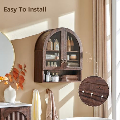IFGET Bathroom Arched Wall Cabinet, 23.6'' Wide Medicine Cabinet with Adjustable Shelves & Glass Doors, Over The Toilet Storage Wall Mount Cabinet for Laundry Room, Kitchen & Living Room, Dark Walnut - color: Dark Walnut