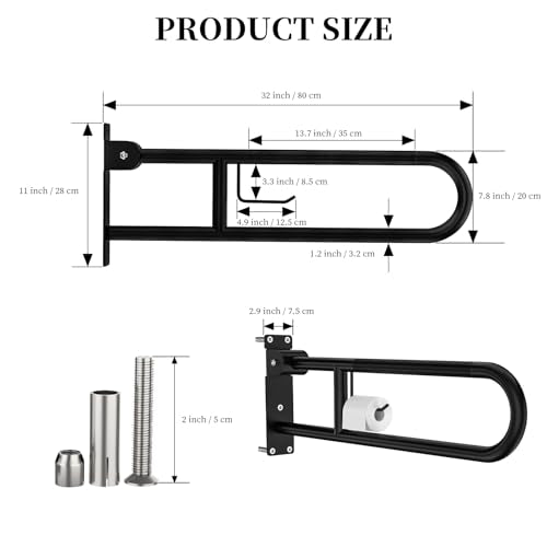 Toilet Grab Bar 32 Inch,YuanDe Matte Black Anti-Slip U-Flip-Up Handrails | Stainless Steel,Knurled Grip, Paper Holder, Toilet-Side Use, Sit/Stand Assistance, Elderly/Disabled/Pregnant Safety Assist - color: Matte Black, size: 32 IN