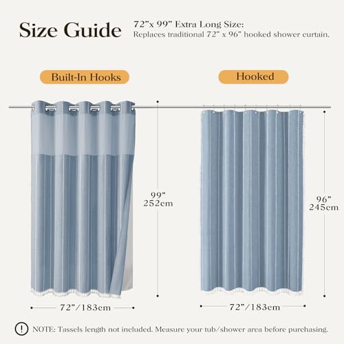 72x99 Ringless Boho Striped Tassel Shower Curtain with Snap Liner Blue | Extra Long Size, Heavy Duty Linen Blend, 3 in 1 Shower Curtain Set, Farmhouse Style, Waterproof & Washable, Mesh Top Window - color: Blue, size: 72"W x 99"L (Pack of 1)
