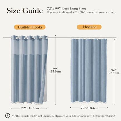 72x99 Ringless Boho Striped Tassel Shower Curtain with Snap Liner Blue | Extra Long Size, Heavy Duty Linen Blend, 3 in 1 Shower Curtain Set, Farmhouse Style, Waterproof & Washable, Mesh Top Window - color: Blue, size: 72"W x 99"L (Pack of 1)