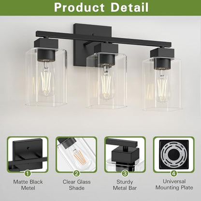 Matte Black Bathroom Vanity Light, 3-Light Vanity Lighting fixtures Over Mirror, Square Design & UL Certification, Wall Sconces with Clear Glass Shades, E26 Socket (Bulbs Not Included) - color: Black, size: 3 Light