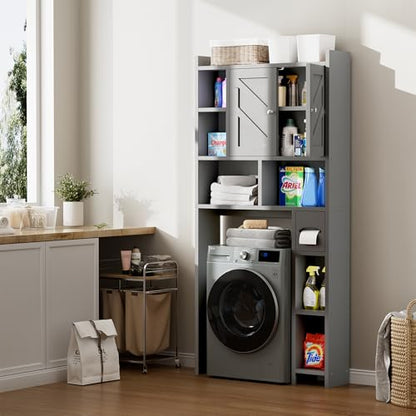 Over the Toilet Storage Cabinet, Freestanding Farmhouse Storage Cabinet Over Toilet, Bathroom Organizer with Paper Holder Stand and Adjustable Shelf, Grey - color: Light Grey