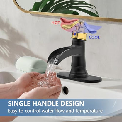Bathroom Faucet Black and Gold Waterfall Bathroom Sink Faucets | Single Handle Rustic Vanity Farmhouse RV Faucet Suitable for 1 or 3 Holes with Pop-up Drain Deck Plate Hose by Homevacious - color: Gold & Black