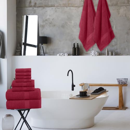 QUBA LINEN Pack of 8 Towels Set, 2 Large Bath Towels, 2 Hand Towels, 4 Wash Cloths, 100% Cotton, Lighter Weight, Quicker to Dry, Super Absorbent, Perfect for Bathroom (Burgandy) - color: Burgandy