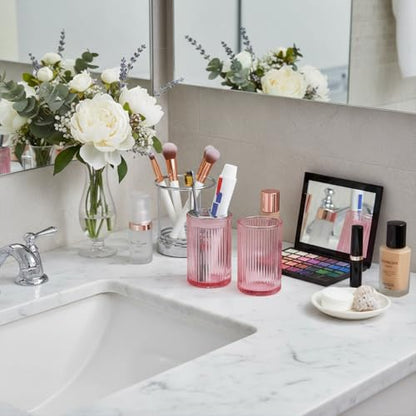 Pink Toothbrush Holders for Bathrooms, 2pcs Glass Toothbrush Holder and 12oz Bathroom Tumbler Cup Set, Silver Tooth Brush and Toothpaste Organizer for Bathroom Vanity Countertop - color: Pink Silver