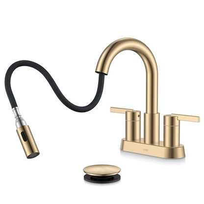 Champagne Bronze Pull Down Centerset Bathroom Faucet 4 Inch 2 Handle | Pull Out Bathroom Faucet with Pop Up Drain & Supply Lines, Lead-Free cUPC & NSF Certified, 3 Hole Faucet for Vanity RV Bar - color: Champagne Bronze