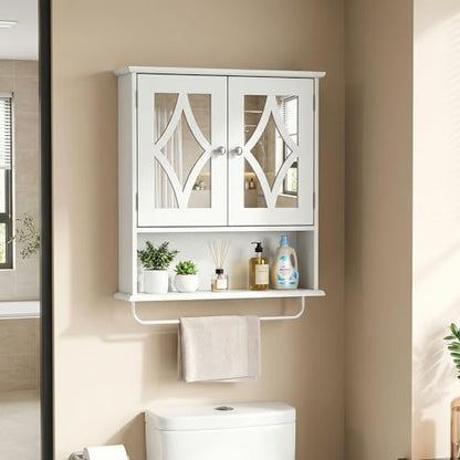 RoyalCraft Bathroom Wall Cabinet with Mirror, Over the Toilet Storage Cabinet with Towel Rack and Adjustable Shelf, Large Bathroom Medicine Cabinet Wall Mount 22x25 inch (White) - color: White
