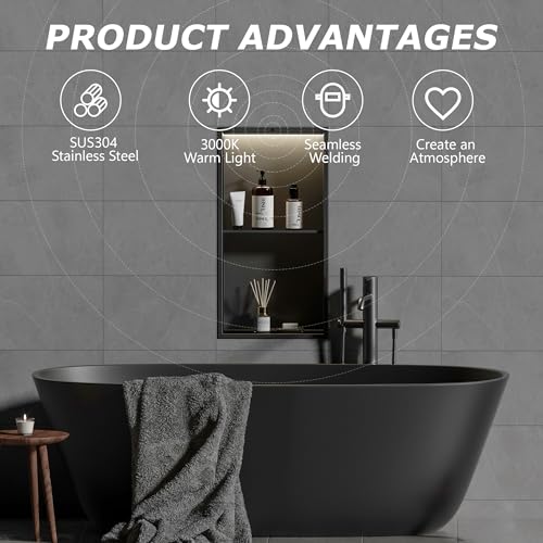 2-Tiers Smart Body Sensor Shower Niche, Black 24"x12" | Recessed Wall Niche with White 3000K LED Light , Waterproof &Rustproof, 304 Stainless Steel Bathroom Cabinet - size: 12x24In