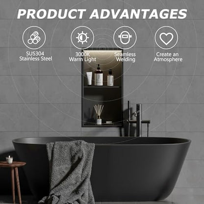 2-Tiers Smart Body Sensor Shower Niche, Black 24"x12" | Recessed Wall Niche with White 3000K LED Light , Waterproof &Rustproof, 304 Stainless Steel Bathroom Cabinet - size: 12x24In