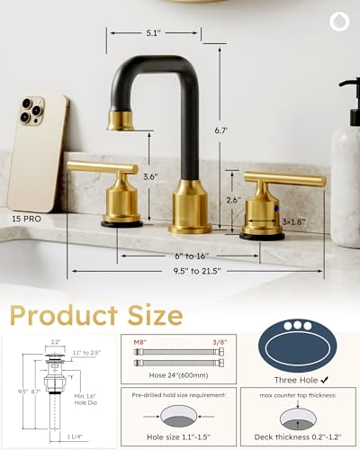 WOWOW Black Gold Bathroom Faucet 3 Hole, Widespread Vanity Sink Faucets | Copper Inlet 8 Inich Faucet for Bathroom Sink with Swivel Spout, 2 Handles Lavatory Tap with Drain and cUPC Supply Line - color: Black and Gold, style: Upgrade-8 Inch