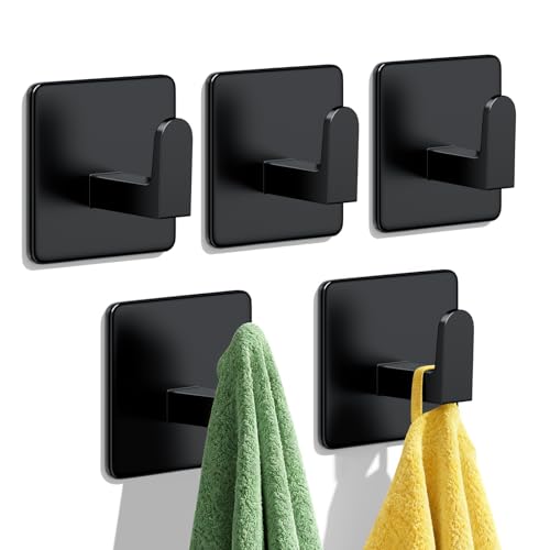 Auxmir Self Adhesive Towel Hooks, 5 Pack Stainless Steel Hooks 15 lb, Black | 15 lb max capacity, heavy-duty no-drill wall hooks, waterproof and rust-resistant, for bathrooms, showers, kitchens and RVs - color: Black-Square