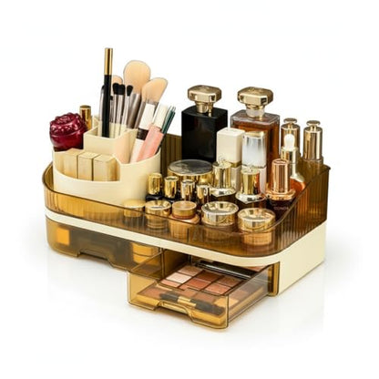 Makeup Organizer Countertop with Dual Drawers | Plastic, Vanity Bathroom Desk, 360° Rotating, Easy Clean, Cosmetic Skincare - color: brown