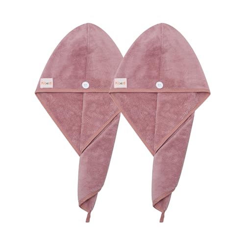 M-bestl 2 Pack Microfiber Hair Towel Wrap to Dry Hair Quickly | Lightweight,Absorbent &Anti-frizz Hair Drying Towel with Button Design for Curly or Straight(Bean Pink) - color: Bean Pink