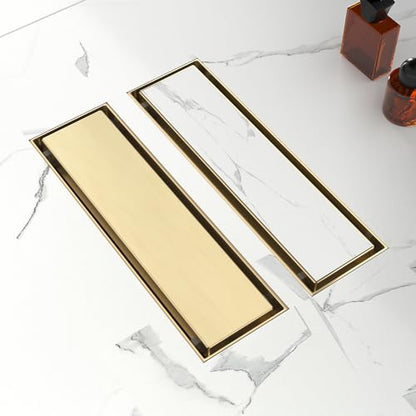 12 Inch Linear Shower Drain-Brushed Gold, with Tile Insert Grate | AISI 304 Stainless Steel Shower Drain, Rectangle Shower Floor Drain with Leveling Feet, Fits Bathroom & Balcony etc - color: Brushed Gold, size: 12 Inch