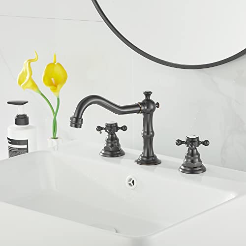 2 Handles 3 Holes Faucet Widespread Bathroom Sink Faucet Oil Rubbed Bronze Basin Tap Mixer Supply Hose Included Matching Pop Up Drain - color: Bronze, style: Ceramic Cover