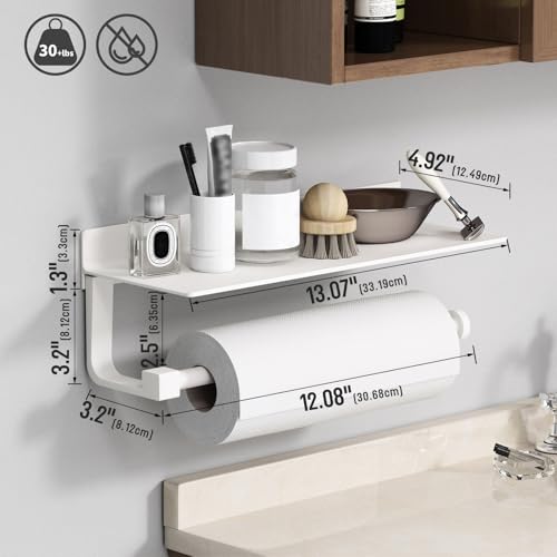 White Paper Towel Holder with Shelf Wall Mount, Adhesive Hand Towel Holder for Bathroom, Kitchen Towel Holder - color: White