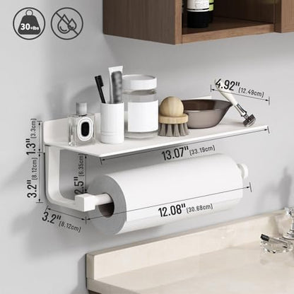 White Paper Towel Holder with Shelf Wall Mount, Adhesive Hand Towel Holder for Bathroom, Kitchen Towel Holder - color: White