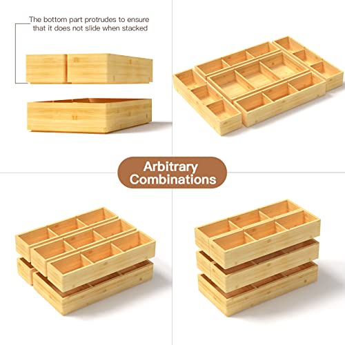 DUJEN 5 pieces Bamboo Drawer Organizer, Adjustable 3 Individual Junk Drawer organizer for Bathroom and Kitchen, Wood Drawer Organier Boxes for Jewellery, Make up and Tea Bag - size: 1 piece 12.5X6.2 & 4 pieces 12.5X3.1