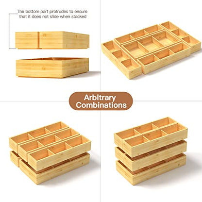 DUJEN 5 pieces Bamboo Drawer Organizer, Adjustable 3 Individual Junk Drawer organizer for Bathroom and Kitchen, Wood Drawer Organier Boxes for Jewellery, Make up and Tea Bag - size: 1 piece 12.5X6.2 & 4 pieces 12.5X3.1