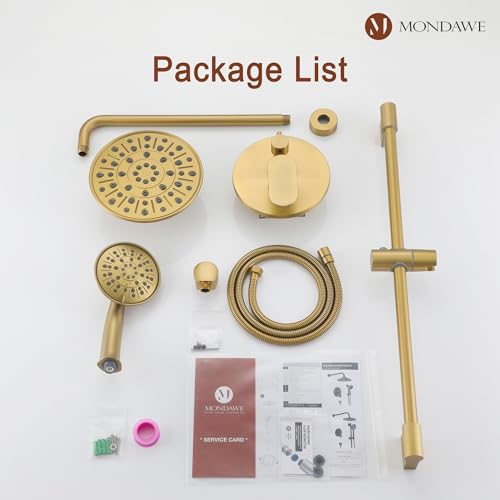MONDAWE 8 Inch Wall Mounted Shower Faucet Set in Brushed Gold, Rainfall Shower Head with 3-Setting Handheld Spray Shower Set Combo, High Pressure Shower System with Solid Brass Valve - color: Brushed Gold, style: 8 IN - Without Tub Spout