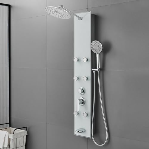 ROVOGO Glass Shower Panel Tower System With Adjustable Shower Head, White | Stainless Rain Shower Head, 5-Setting Handheld, 6 Body Jets, Tub Spout, Shower Column With Brass Mixing Valves, 47-1/5 Inch - color: White Glass Panel