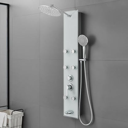 ROVOGO Glass Shower Panel Tower System With Adjustable Shower Head, White | Stainless Rain Shower Head, 5-Setting Handheld, 6 Body Jets, Tub Spout, Shower Column With Brass Mixing Valves, 47-1/5 Inch - color: White Glass Panel