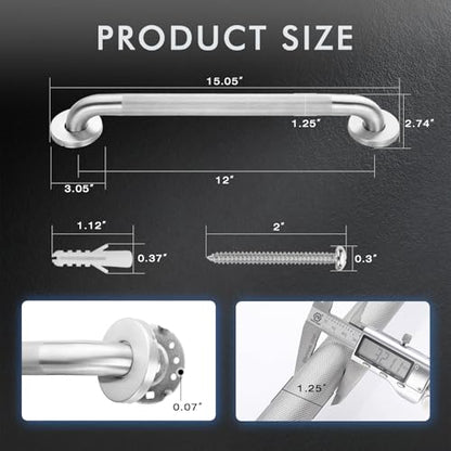 Grab Bars for Shower Safety Anti Slip Handrail for Seniors 12 Inch | 304 Stainless Steel Handicap Grab Bar, Shower Handle with Knurled Grip, Holds up to 500 lbs for Bathtub, Toilet, Stairway - size: 12 Inch