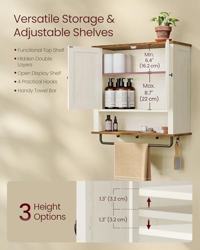 VASAGLE LIRY Collection - Bathroom Wall Cabinet, Farmhouse Wall-Mounted Medicine Storage Cabinet with 2 Barn Doors, Adjustable Shelf, Towel Bar, 7.9 x 23.6 x 28.7 Inches, Rustic White UBBK131W01S - color: Rustic White, style: 2Doors（28.7"H）