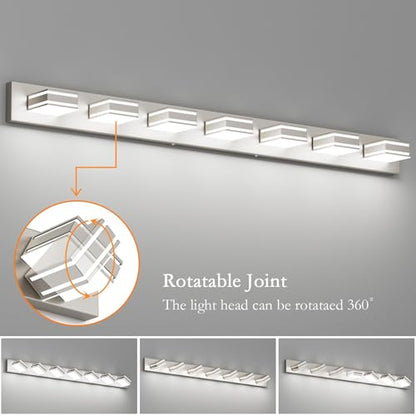 Ralbay 55inch Brushed Nickel Vanity Light for Bathroom 7-Light Metal Acrylic Modern LED Bathroom Light Fixtures - color: Brushed Nickel, size: 55 inch