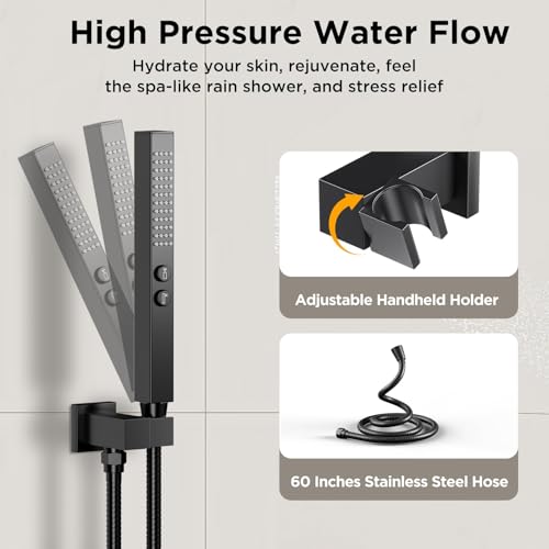 Shower System with Body Jets Matte Black, STARBATH 4 Way 12+6" Shower Faucet Sets Complete with 2 in 1 Handheld,Ceiling Mounted Rainfall Dual Shower Head with 4 Body Spray Jets, Shower Jets System - color: Matte Black, size: 6"+12"-03