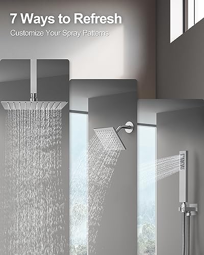 Shower Faucet Set with Handheld Spray, Brushed Nickel | 12" Ceiling Mount SUS304 Rainfall Shower Head System, 6" Side Head, 3-Function Thermostatic Valve Trim Kit, All Metal - color: Brushed Nickel