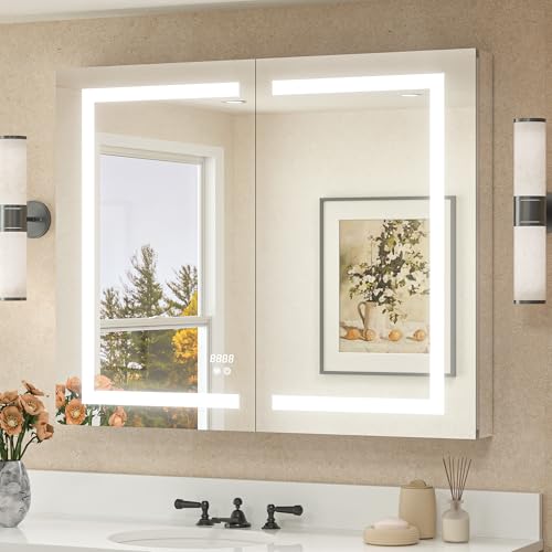 TETOTE Lighted Medicine Cabinet Mirror for Bathroom 40 x 32 LED Mirrored Medicine Cabinet with 3-Color Lights, 2 Door Tempered Glass Recessed or Surface Mount Cabinet, Outlets & USB, Adjustable Shelf - size: 40x32