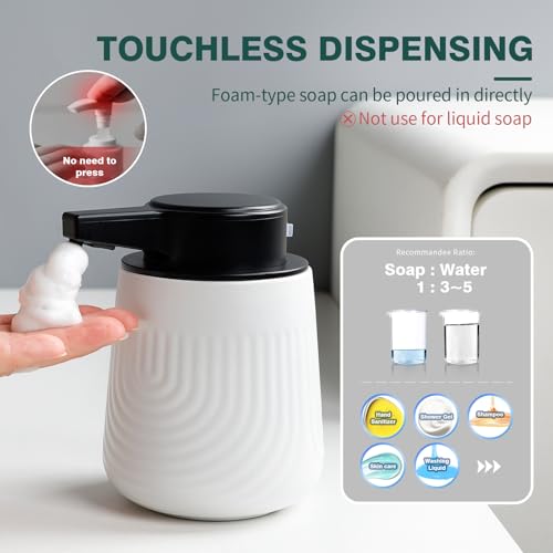 BosilunLife Ceramic Automatic Soap Dispenser with Extended Pump Nozzle, 3 Adjustable Levels, Touchless Foam Hand Wash Foaming Dispenser for Bathroom & Kitchen, Embossed Wave Design, White, 10oz - color: Embossed Wave-white