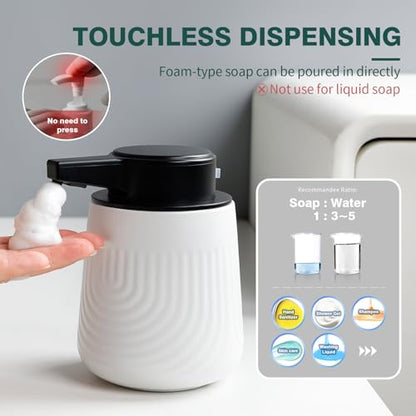 BosilunLife Ceramic Automatic Soap Dispenser with Extended Pump Nozzle, 3 Adjustable Levels, Touchless Foam Hand Wash Foaming Dispenser for Bathroom & Kitchen, Embossed Wave Design, White, 10oz - color: Embossed Wave-white