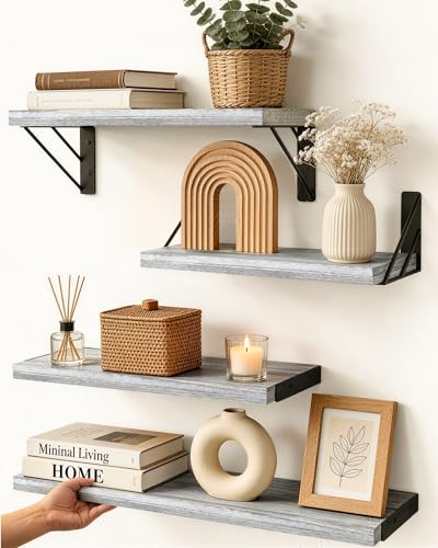 BAYKA Wall Shelves for Bedroom Decor, Floating Shelves for Living Room Kitchen Storage, Wall Mounted Rustic Wood Floating Shelves for Kids Books, Corner Shelf for Bathroom(Gray White，Set of 4) - color: E. Gray White Board & Black Brackets, size: 16-inch