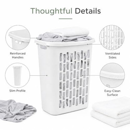 Large Plastic Laundry Hamper, White, Slim Rectangular(2-Pack) | Reinforced Handles, Space-Saving Design, 20x13x24 Inches, Durable Construction, For Bathroom & Dorm, Ventilated,