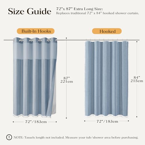72x87 Ringless Boho Striped Tassel Shower Curtain with Snap Liner Blue | Extra Long Size, Heavy Duty Linen Blend, 3 in 1 Shower Curtain Set, Farmhouse Style, Waterproof & Washable, Mesh Top Window - color: Blue, size: 72"W x 87"L (Pack of 1)
