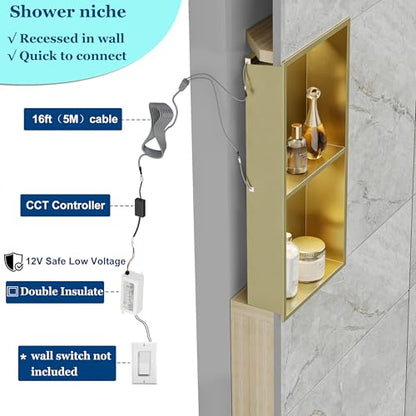 Gold 2-Tier 3 CCT LED Niche, 12"x24" No-Tile Shower Storage | shower niche with 3-Temperature LED Strip Light (4000K/6000K/3000K),Waterproof, Sturdy&Durable,304 Stainless Steel Wall Niche - color: Gold, size: 12X24In
