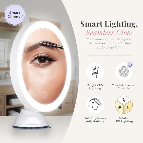 Zadro Zado 8.25-Inch x 6.9-Inch Round LED Lighted Wall Mounted Suction Cup Makeup Mirror with 10X Magnification and Touch Controls (White) - color: White