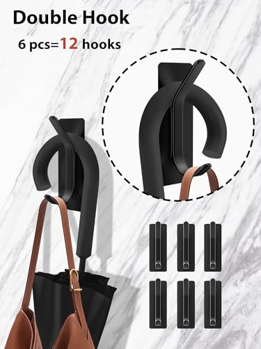 6 Pack Heavy Duty Adhesive Hooks, No Drill Self-Adhesive Wall Hook for Hanging, Sturdy Metal Door Hanger Towel Hook for Bathroom, Shower, Kitchen (Black) - color: Black