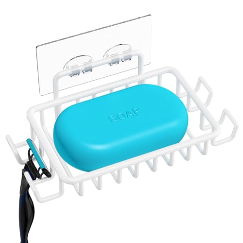 Nieifi Bar Soap Holder for Shower Wall with 4 Hooks, Stainless Steel Adhesive Soap Dish for Bathroom, White - color: White, size: 1 Pack